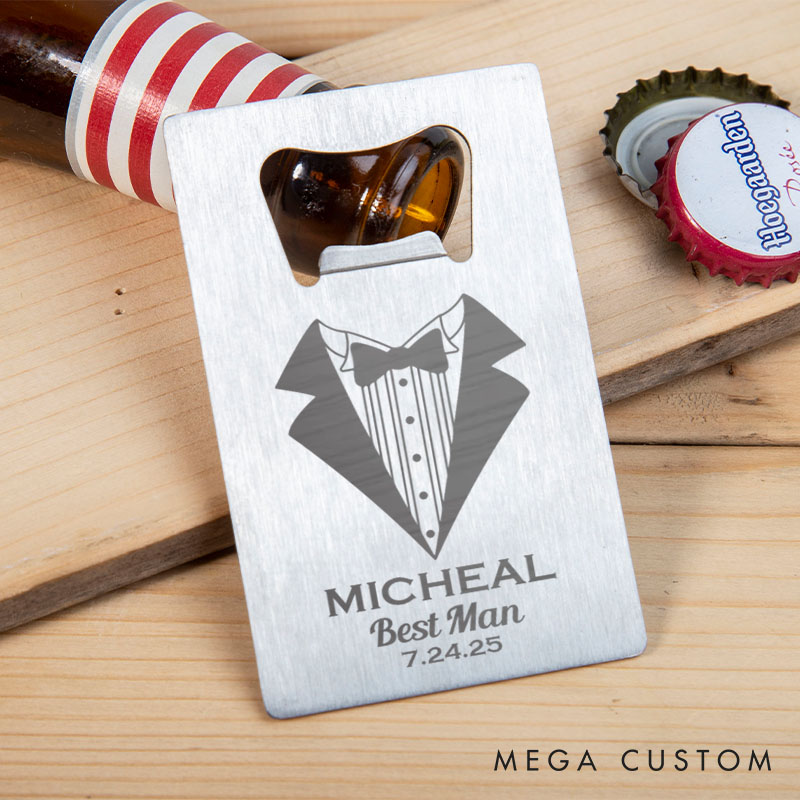 Personalized Groomsman Credit Card Bottle Opener Engraved Groom Tuxedo-Themed Bottle Opener Groomsman Opener for Him Wedding Favors Opener