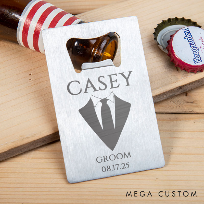Personalized Groom Groomsman Bottle Opener Engraved Suit-Themed Credit Card Bottle Opener Groomsman Bachelor Opener Wedding Party Bottle Opener