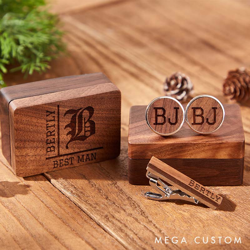 Personalized Wooden Cufflink Box Set with Tie Clip Groomsman Cufflinks Box Set Handcrafted Cufflinks for Groomsman Bachelor Party Favors Cufflink