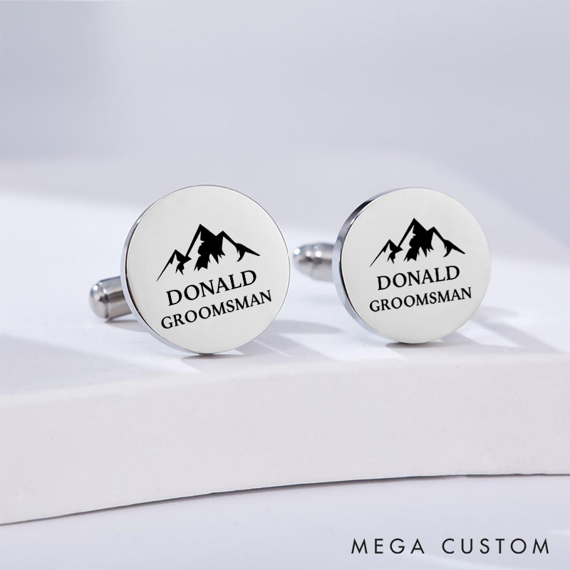 Personalized Groomsman Cufflinks Engraved Mountain-Themed Cufflinks Silver Groom Cufflink for Men Bachelor Favors Cufflinks Groomsman Proposal Gift
