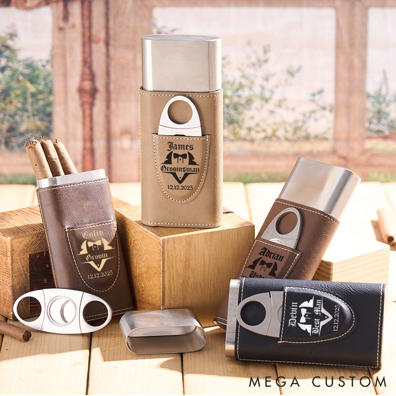 Personalized Groomsman Leather Cigar Case Engraved Groomsmen Cigar Holder with Cutter Groomsman Proposal Cigar Case Leather Cigar Accessories