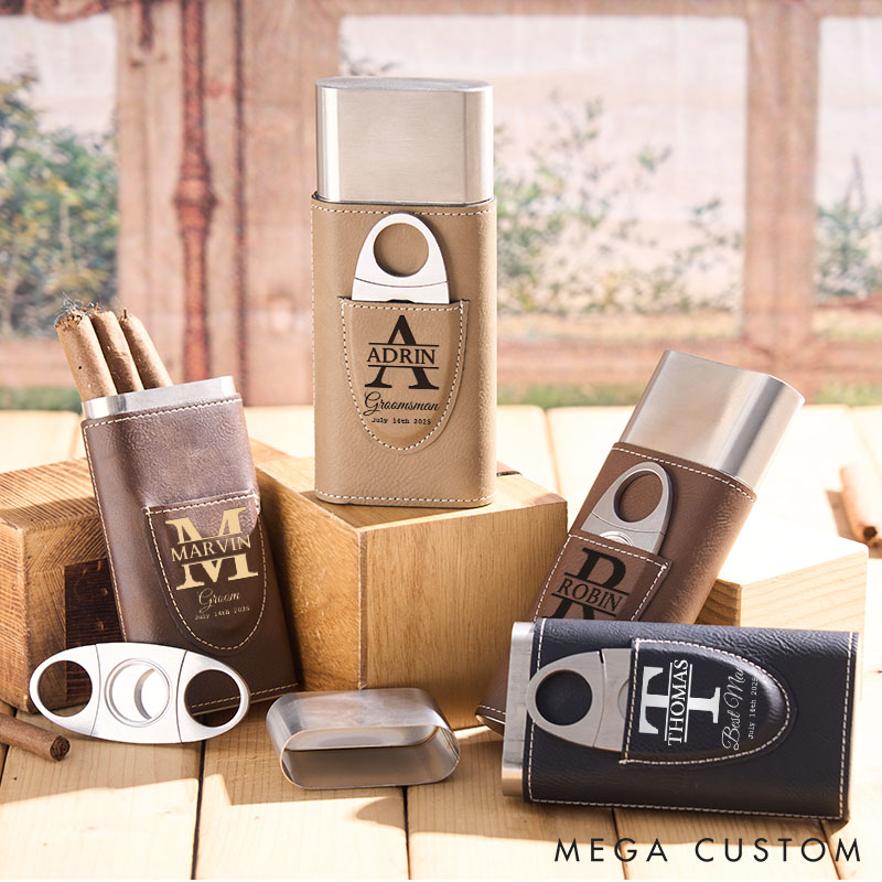Personalized Groomsman Leather Cigar Case Engraved Monogrammed Groomsmen Cigar Holder with Cutter Groom Bachelor Favors Cigar Case Leather Cigar Accessories