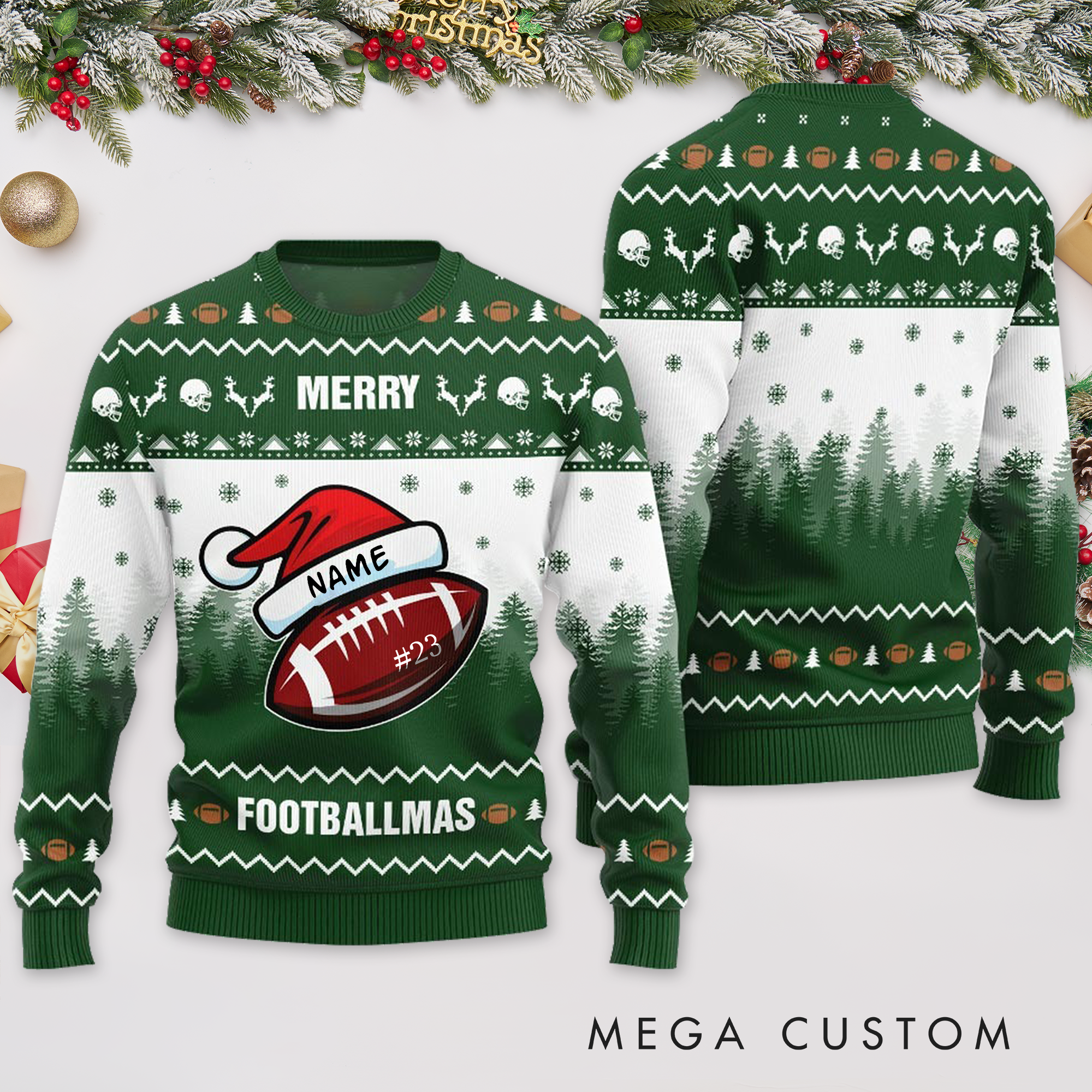 Personalized "Merry Footballmas" Christmas Sweater with Custom Name and Number