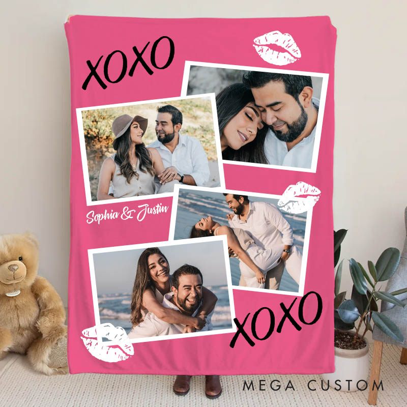 Personalized Couple XOXO Lip Print Photo Collage Fleece Blanket with Name Couple Photo Valentine's Day Blanket for Husband Wife Boyfriend Girlfriend