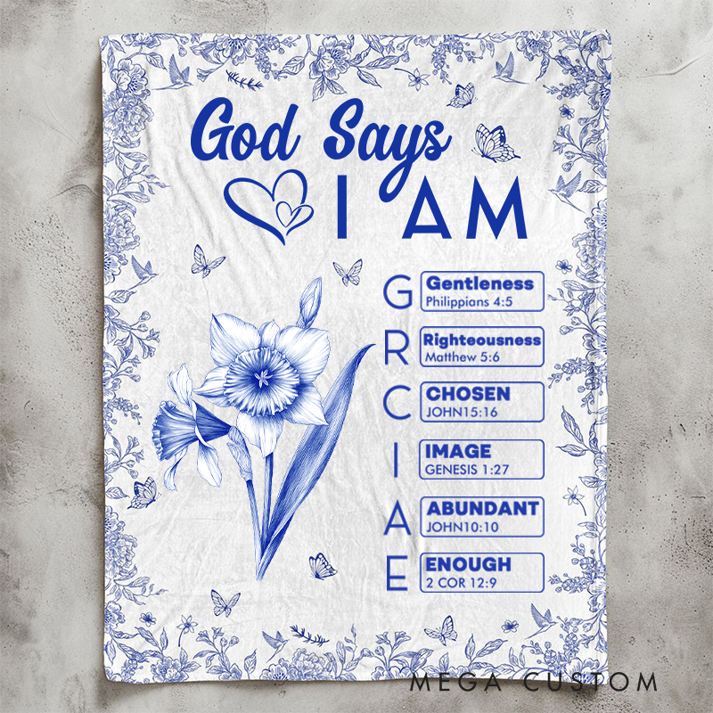 Personalized God Says I Am Name Letter In Bible Toile De Jouy Style Soft Throw Blanket Baptism Birthday Christmas Gift for Women Christians