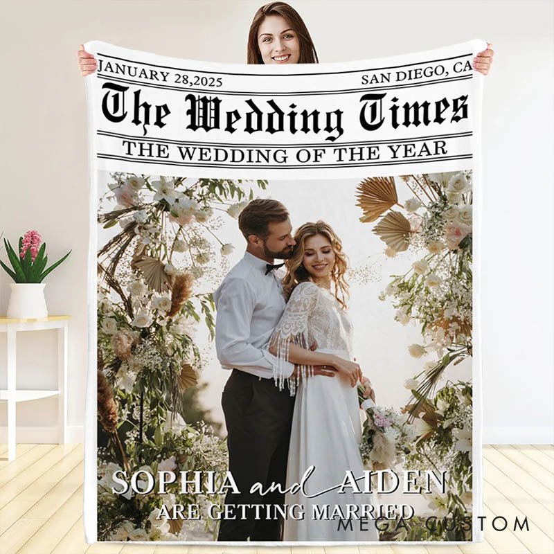 Personalized Couple Times Poster Design Photo Blanket with Text and Name Newlywed Wedding Newspaper Blanket Anniversary Gift for Husband Wife BF GF