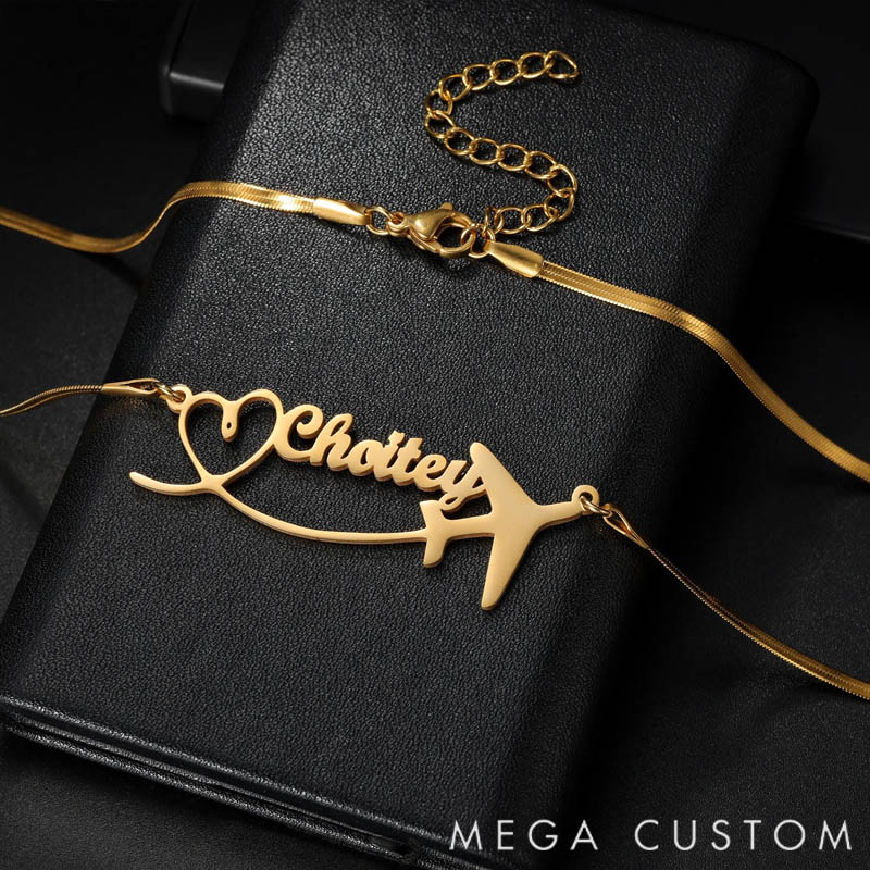 Personalized Name Necklace for Travel Enthusiasts Heart-Shaped Airplane