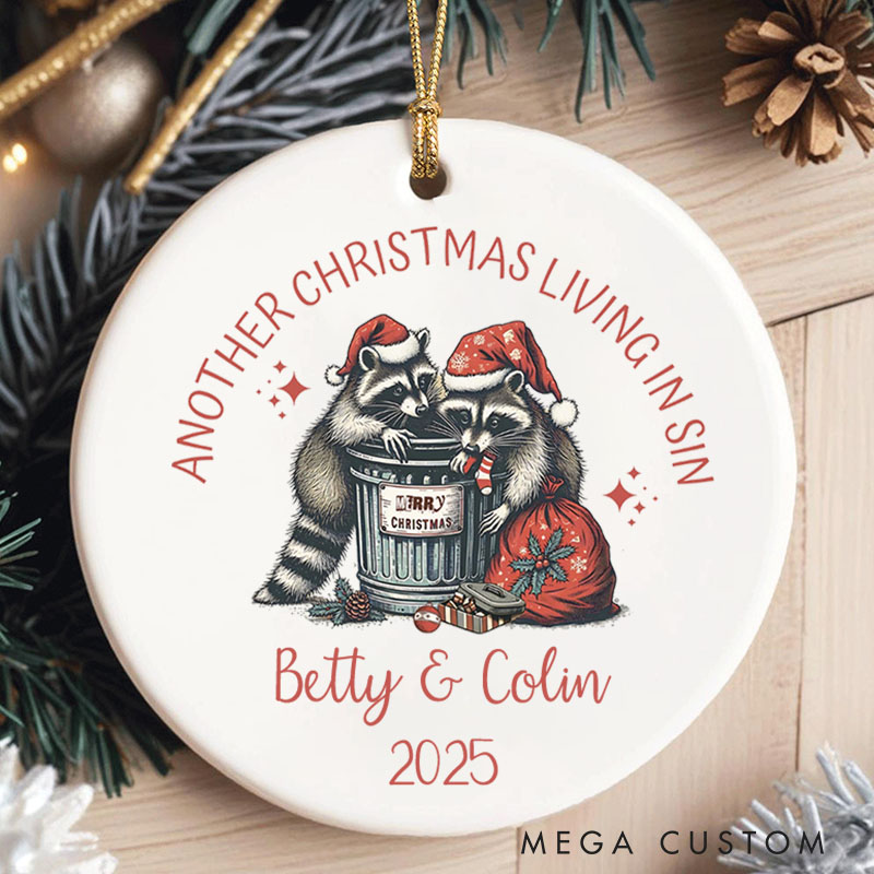 Personalized Funny Couple Raccoon Christmas Ornament Another Christmas Living in Sin Husband Wife 2025 Holiday Gift Ornament