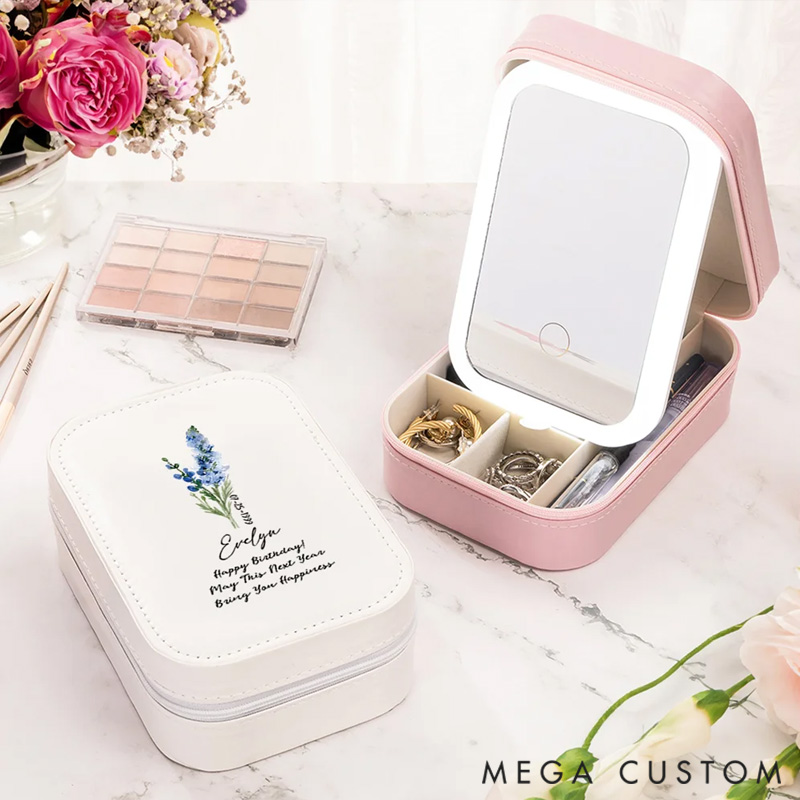 Personalized Birth Flower PU Leather Jewelry Box with LED Three-Color Adjustable Mirror and Text Name Date Travel Essential Birthday Gift for Women