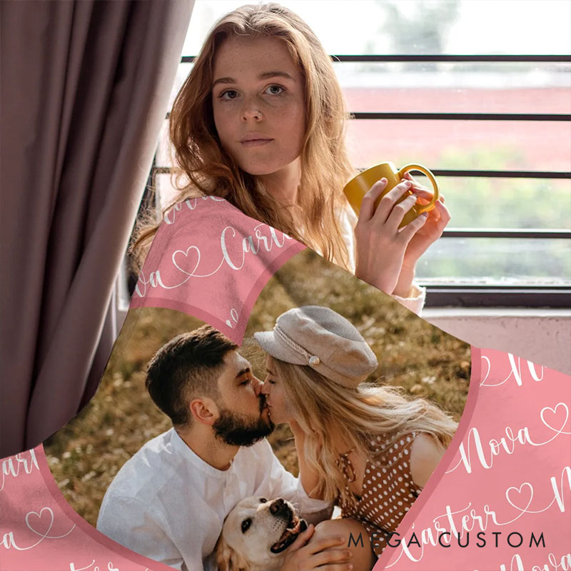 Personalized Heart Couple Photo Blanket with Couple Name Custom Newlywed Name Blanket Valentine's Day Gift for Husband Wife Boyfriend Girlfriend