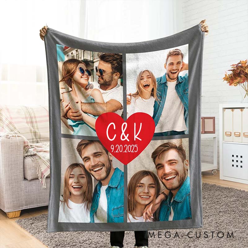 Personalized Couple Heart Collage Photos Blanket with Initials Custom Newlywed Blanket Valentine's Day Gift for Husband Wife Boyfriend Girlfriend
