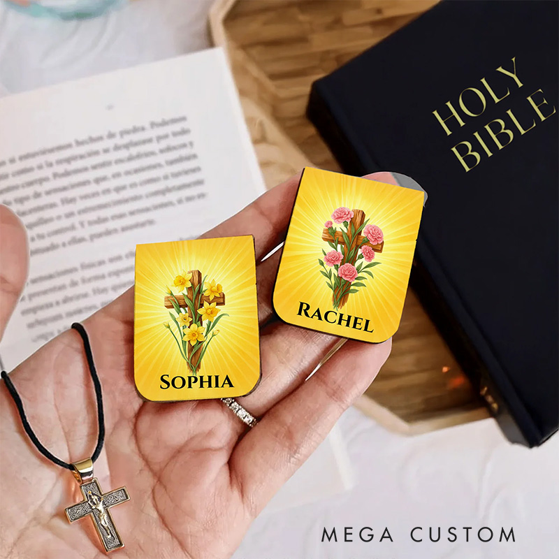 Personalized Cross Birth Flower PU Leather Magnetic Bookmark Clip with Name Religious Gift Birthday Gift for Christians