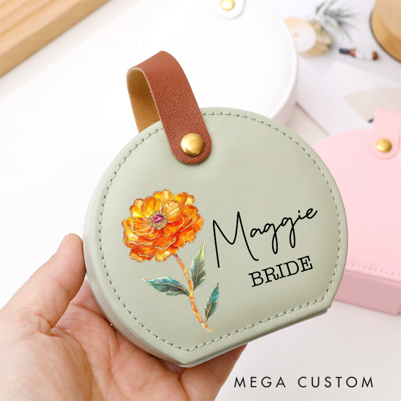 Personalized Retro Oil Painting Birth Flower with Birthstone Jewelry Box Wedding Jewelry Box For Bride Bridesmaid