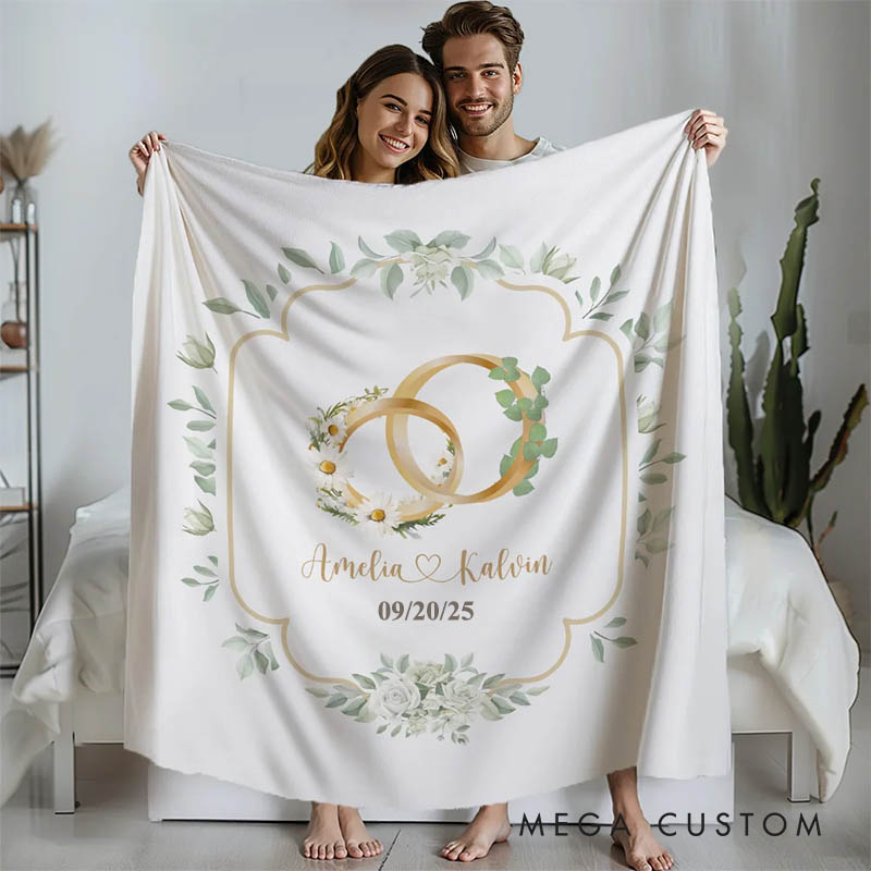 Personalized Couple Birth Flower and Birth Leaf Ring Blanket Newlyweds Name and Date Wedding Blanket Valentine's Day Gift for Husband Wife Hubby Wifey