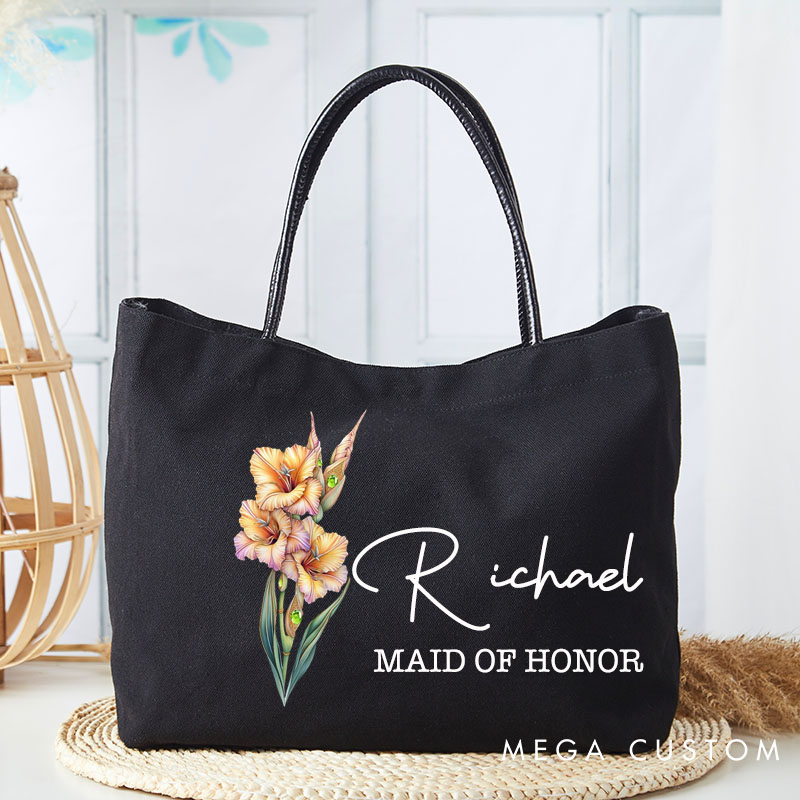 Personalized Bridesmaid Retro Oil Painting Birth Flower with Birthstone Large Jute Tote Bag