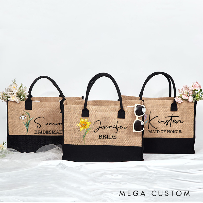 Personalized Retro Oil Painting Birth Flower Large  Bridesmaid Jute Tote Bag Bride Burlap Tote Bag