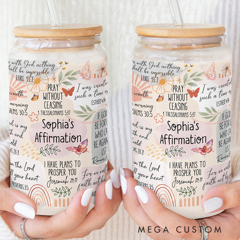Personalized My Faith Affirmation Bible Scripture Verses Glass Cup with Lid and Straw Custom Name Coffee Cup Religious Gift for Christians