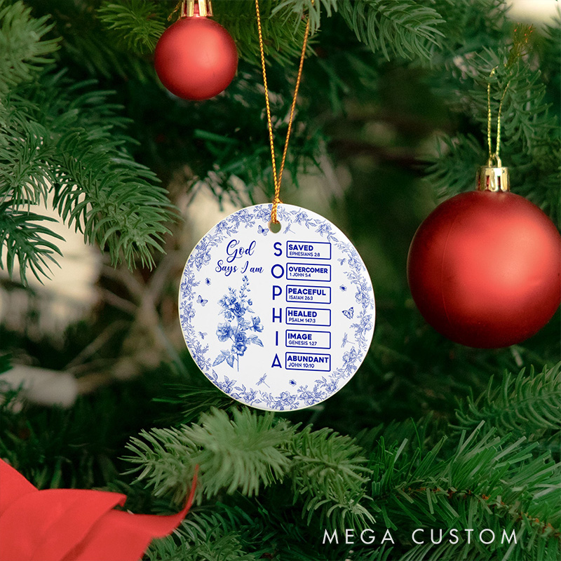 Personalized Toile De Jouy Birth Flower Bible Chapter Ceramic Ornament with Name Religious Gift for Christians