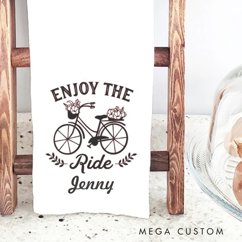 Personalized Riding Hand Towel Embroidered Enjoy the Ride Tea Towel Road Bike Gift with Name Race Day Gift for Cyclist