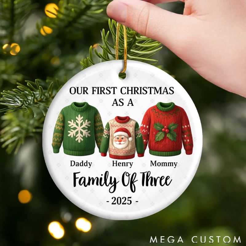 Personalized Ceramics Round Shape Our First Christmas Together Cute Santa Sweater Christmas Ornament 