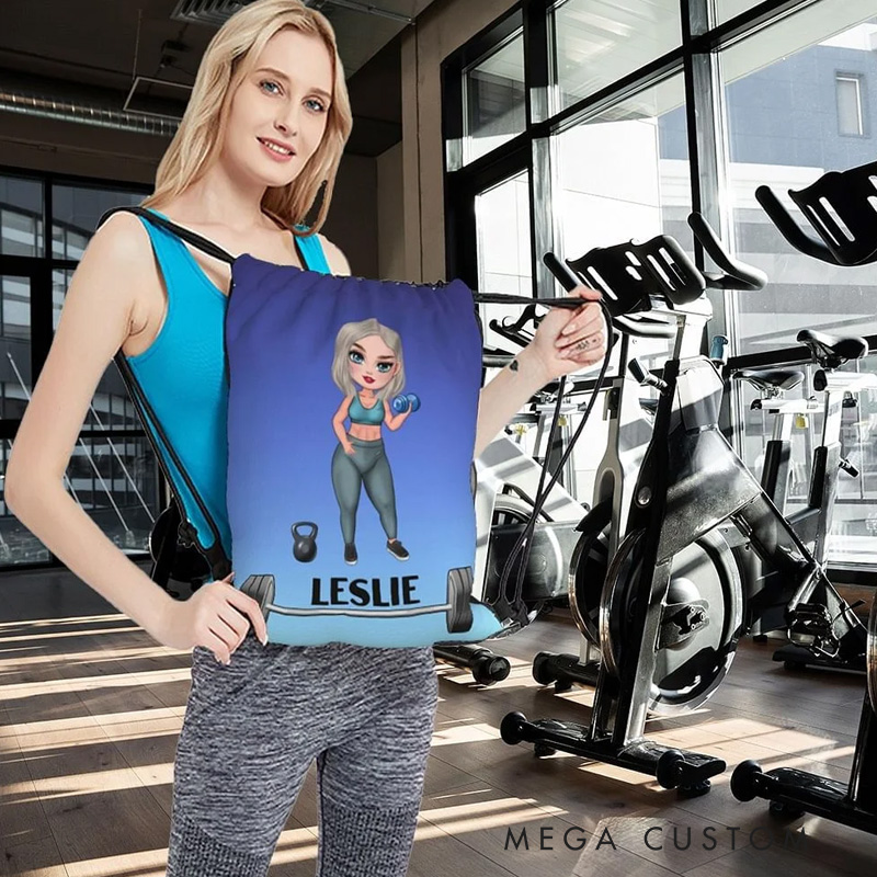 Personalized Cartoon Fitness Girl Design Water Resistant Drawstring Backpack with Name Gym Workout Birthday Gift for Sports Fitness Lovers