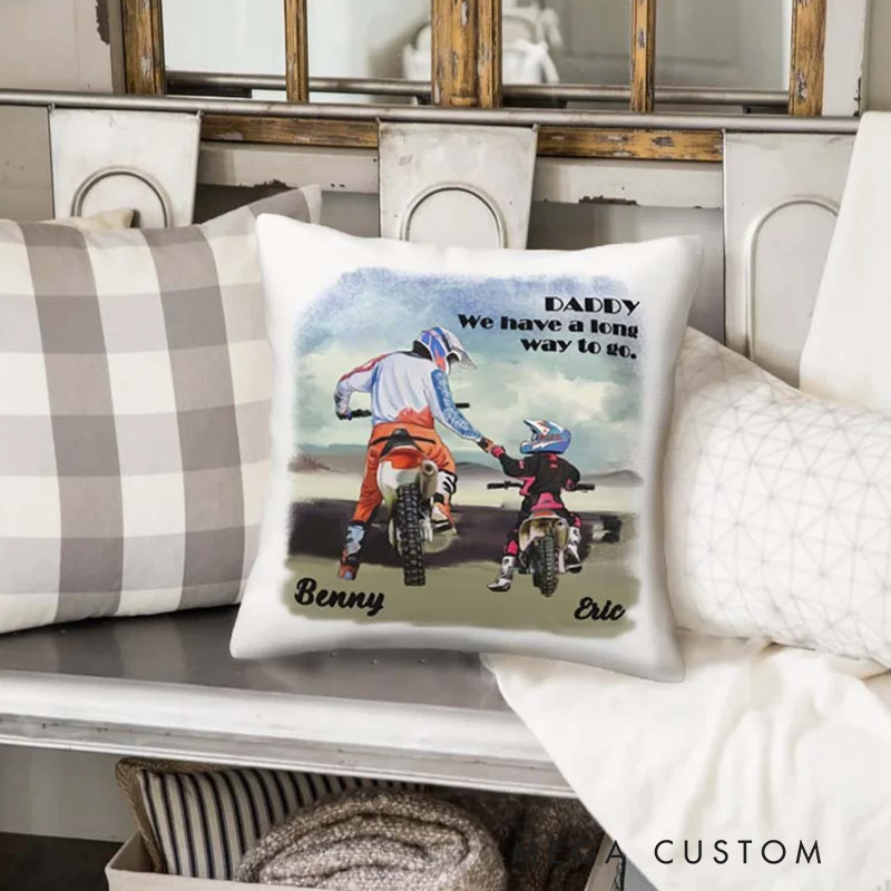 Personalized Motorbike Father and Kid Throw Pillow Cover with Name Text Birthday Father’s Day Gift for Dad Kid Cycling Lovers