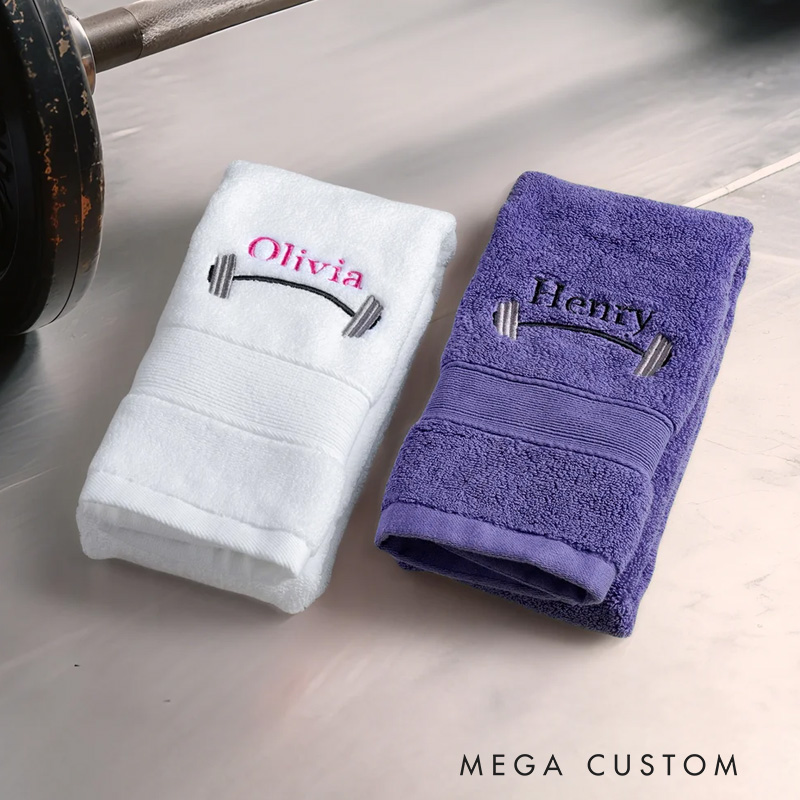 Personalized Weightlifting Barbell Towel with Embroidered Name Sporting Good Training Team Anniversary Gift for Weightlifter Fitness Enthusiast