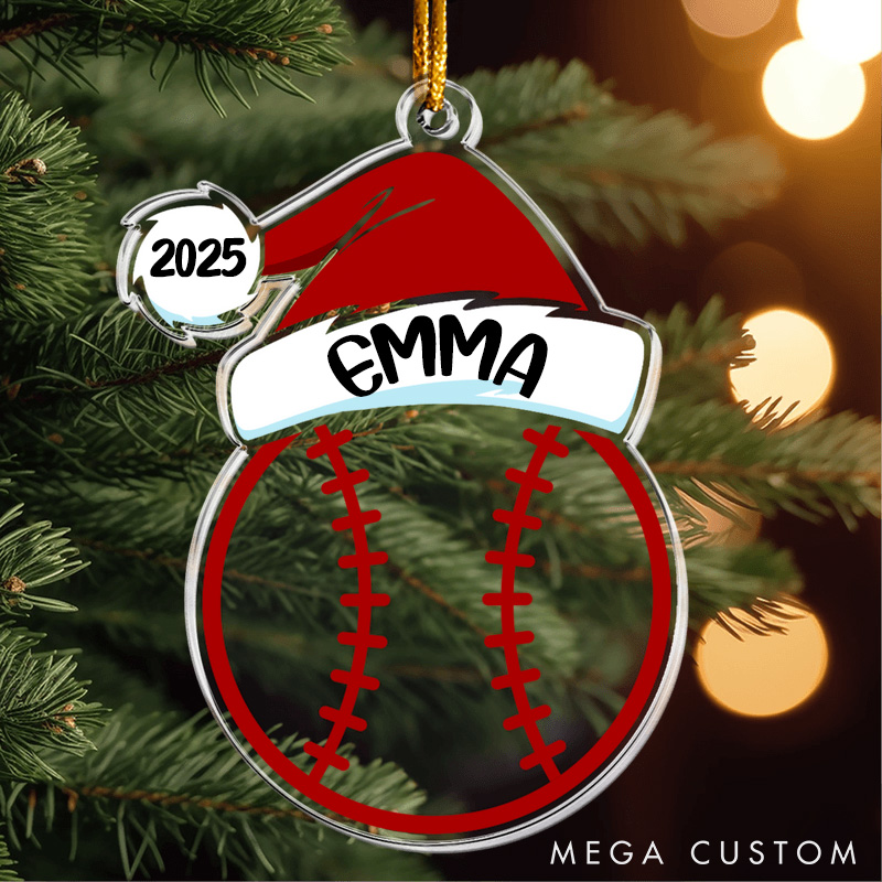 Personalized Sports Themed Ornament with Santa Hat Design and Custom Name and Year  