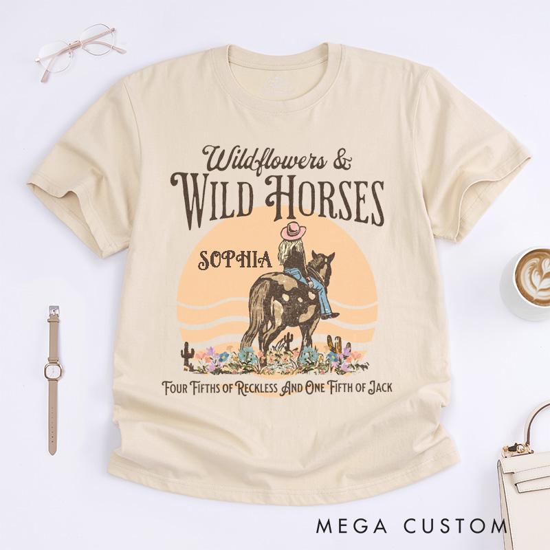 Personalized Wild Horses Western Classic T-Shirts Custom Name Cowgirl Country Music Retro Shirt Unique Gift for Women Girls Horse Lovers Birthday