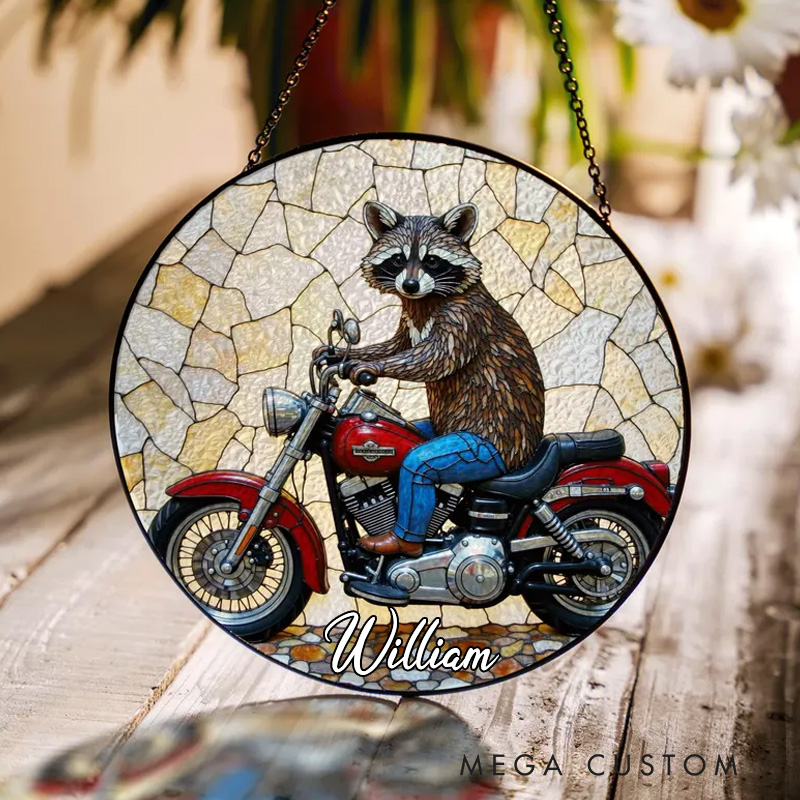 Personalized Raccoon Riding Motorcycle Round Glass Suncatcher Funny Animal Sun Catcher Gift