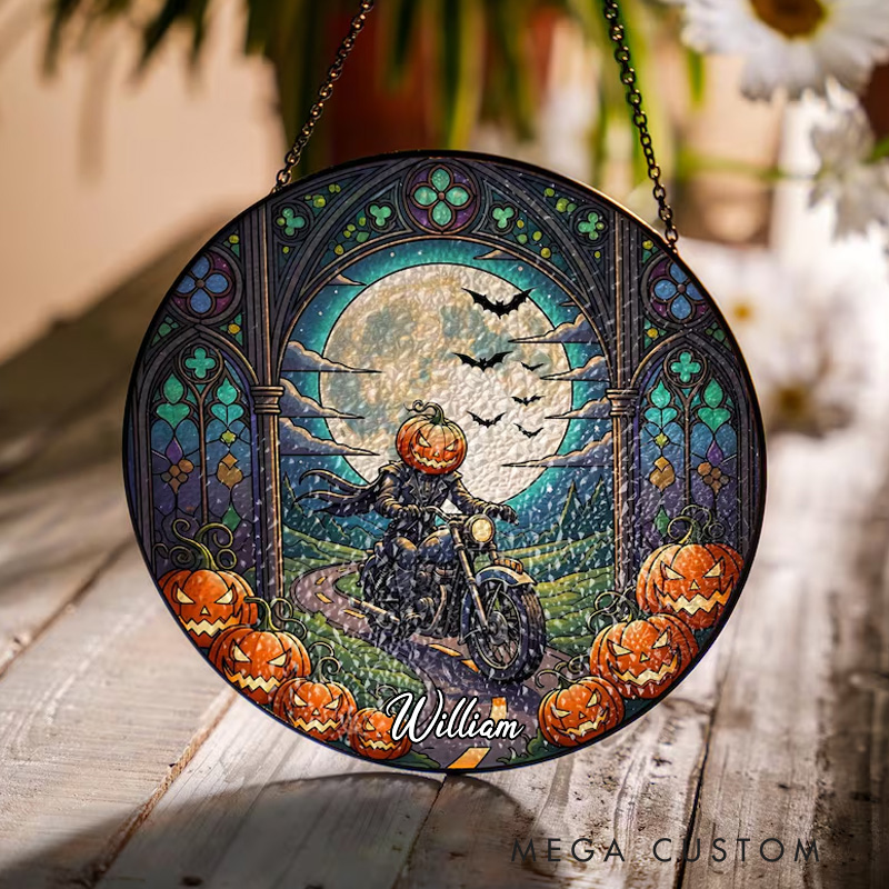 Personalized Pumpkin Rider Stained Glass Suncatcher Halloween Window Hanging Full Moon and Gothic Arches