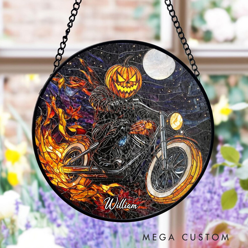 Personalized Pumpkin Rider Stained Glass Suncatcher Fiery Motorcycle Design Gothic Flame Art