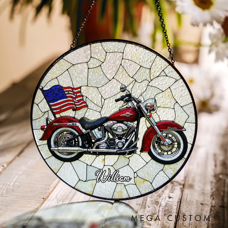 Personalized American Flag Red Motorcycle Stained Glass Suncatcher Window Decor Patriotic Gift