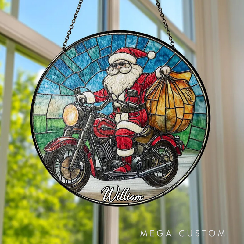 Personalized Stained Glass Santa Claus on Motorcycle Unique Christmas Holiday Decor