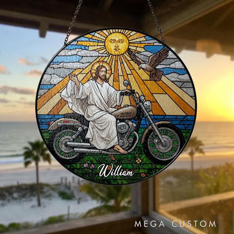 Personalized Jesus on Motorcycle Suncatcher Christian Biker Window Decor