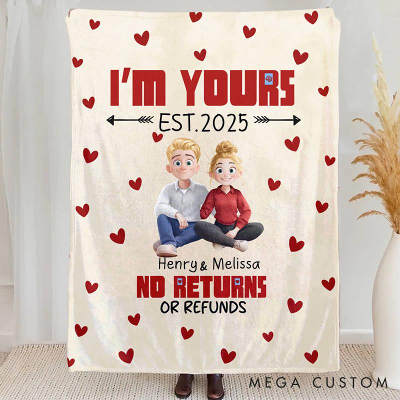 Personalized I'm Yours Couple Blanket Cute 3D Cartoon Couple Soft Throw Blanket with Name and Text Valentine's Day Anniversary Gift for Couples Lovers