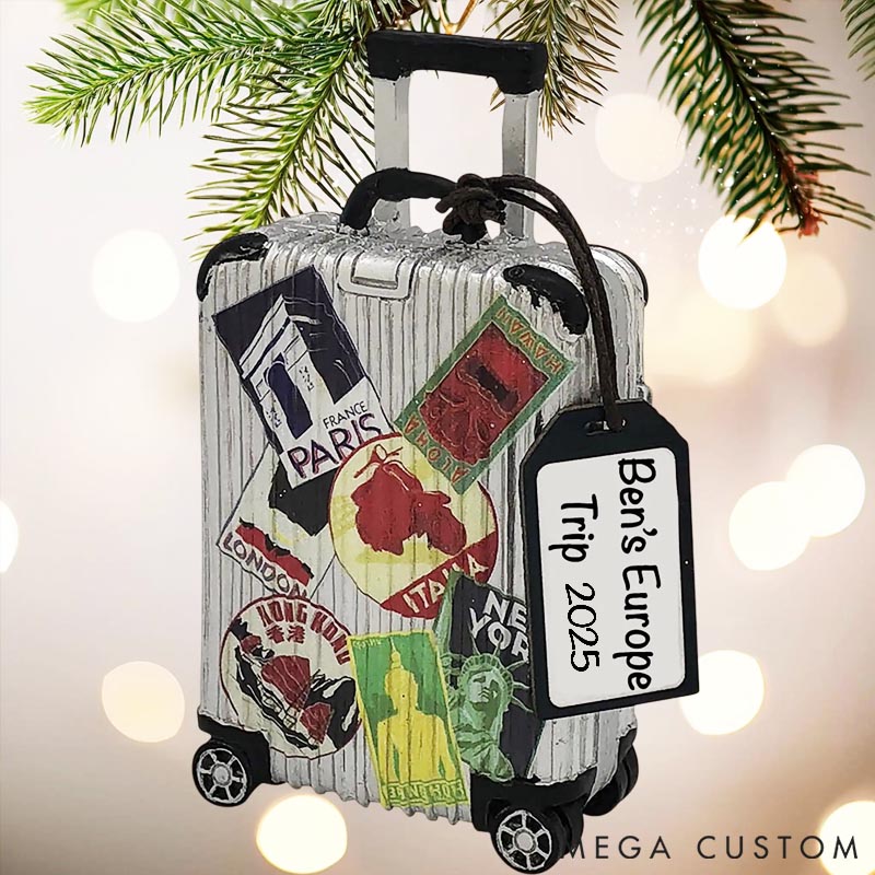 Personalized Christmas Ornament World Travel Suitcase Gift for Travel Lovers