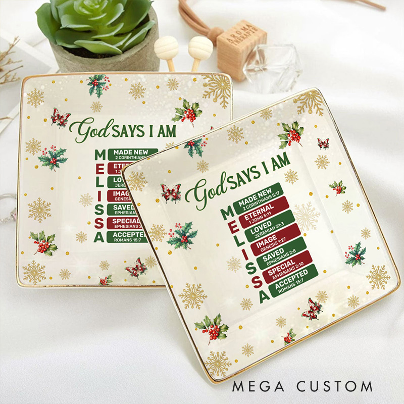 Personalized God Says i am Bible Chapter Ceramic Square Ring Dish with Name Religious Gift for Christians