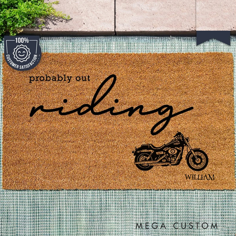 Personalized Probably Out Riding Motorbike Mat Welcome Mat Motorsport Travel Design Custom Coir Doormat