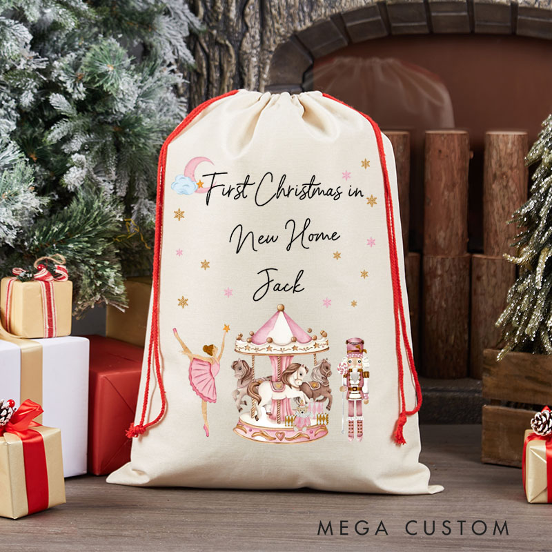 Personalized First Christmas in New Home Gift Bag Carousel and Ballerina Design Custom Canvas Sack Holiday Decoration Perfect for New Homeowners Christmas Keepsake