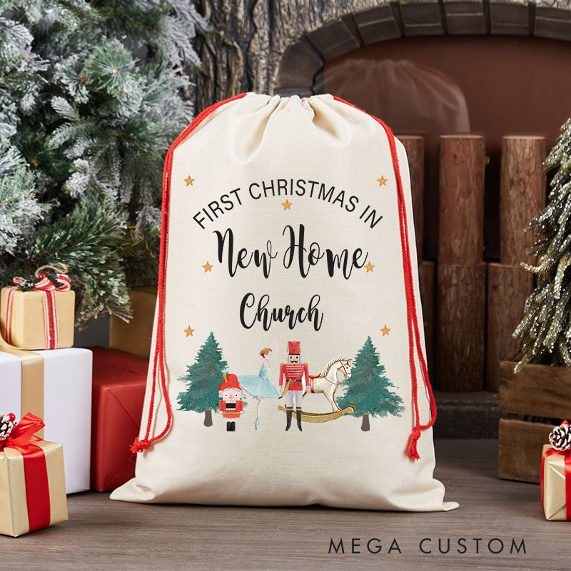 Personalized First Christmas in New Home Gift Bag Nutcracker and Holiday Tree Design Custom Canvas Sack Holiday Decoration Perfect for New Homeowners Keepsake