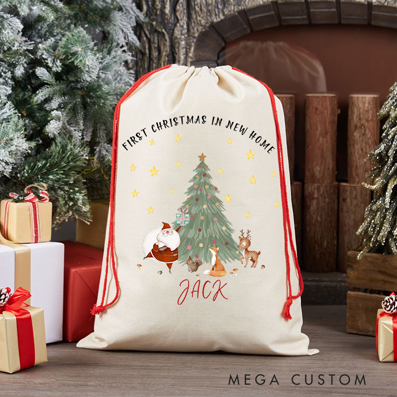 Personalized First Christmas in New Home Gift Bag Christmas Tree and Santa Design Custom Canvas Sack Holiday Decoration Perfect for New Homeowners Keepsake