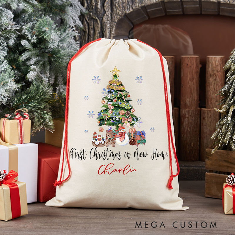 Personalized First Christmas in New Home Gift Bag Decorated Tree and Santa Design Custom Canvas Sack Holiday Decoration Perfect for New Homeowners Keepsake