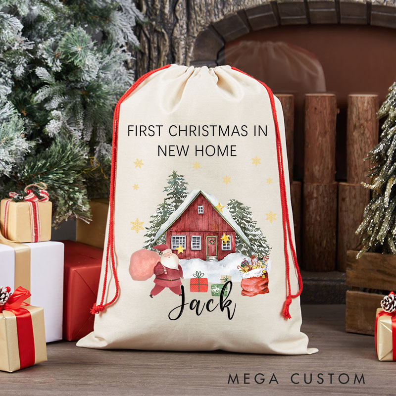 Personalized First Christmas in New Home Gift Bag Red House and Santa Design Custom Canvas Sack Holiday Decoration Perfect for New Homeowners Keepsake