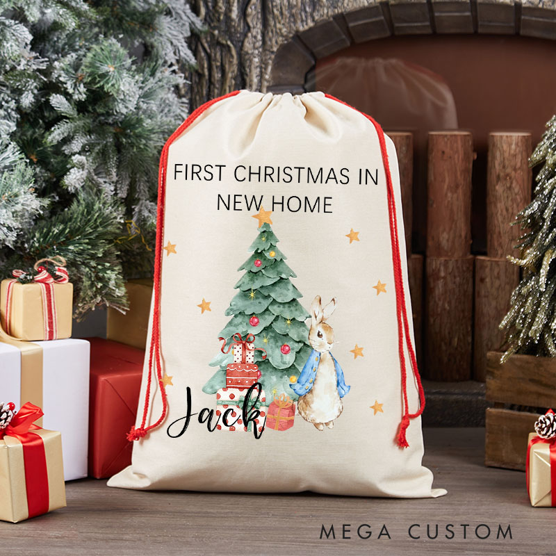 Personalized First Christmas in New Home Gift Bag Bunny and Christmas Tree Design Custom Canvas Sack Holiday Decoration Perfect for New Homeowners Keepsake