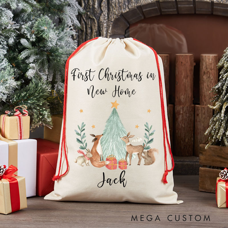 Personalized First Christmas in New Home Gift Bag Woodland Animals and Christmas Tree Design Custom Canvas Sack Holiday Decoration Perfect for New Homeowners Keepsake