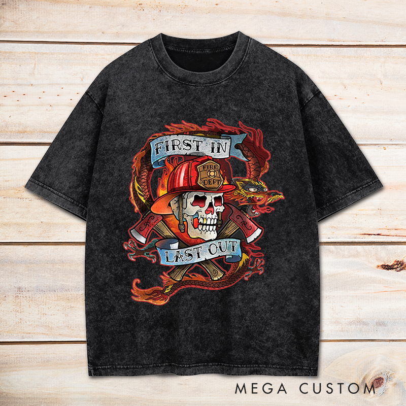 Personalized Firefighter Washed T-Shirt First In Last Out Skull and Fire Helmet Design Unique Gift for Firefighters