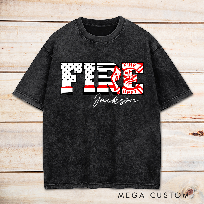 Personalized Firefighter Washed T-Shirt FIRE Lettering with Patriotic and Fire Dept Design Gift for Firefighters