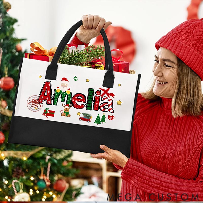 Personalized Canvas Travel Bag Santa Claus Elk Large Capacity Plane Car Stamp with Name Christmas Gift for Women