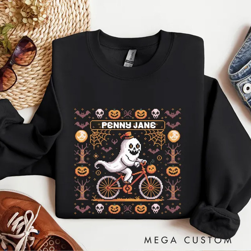 Personalized Bicycle Lover Sweatshirt Bicycle Ghost Halloween Jumper Vintage Skiing Cyclist Sweater